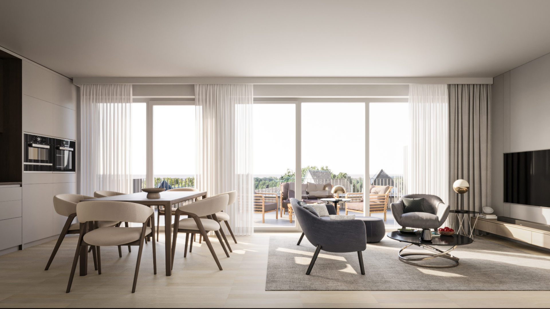Helles Wohnzimmer mit großen Fenstern